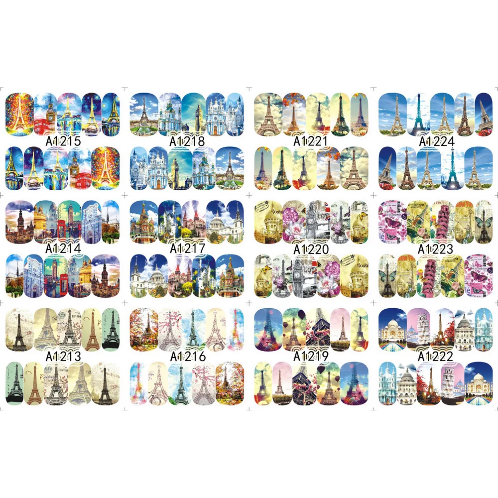 

UPRETTEGO 12 PACKS / LOT NAIL ART BEAUTY WATER DECAL SLIDER NAIL TOWER ARCHITECTURE MANSION CASTLE A1213-1224