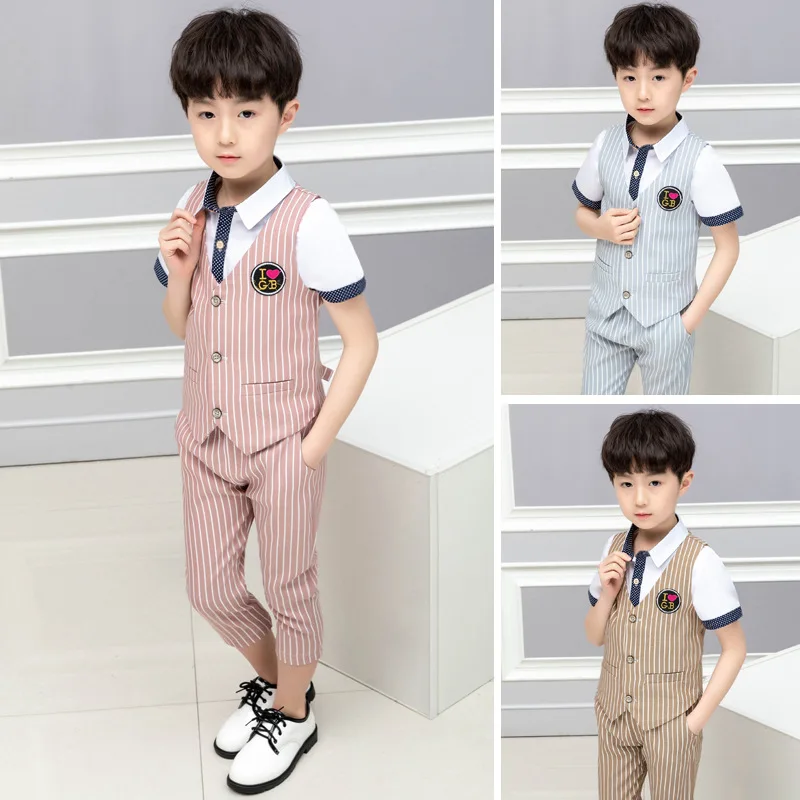 

Summer Flower Boy's Vest Sets Children's British Striped Vest Pants 2pcs Outfits Kids Wedding Party Performance Catwalk Costume