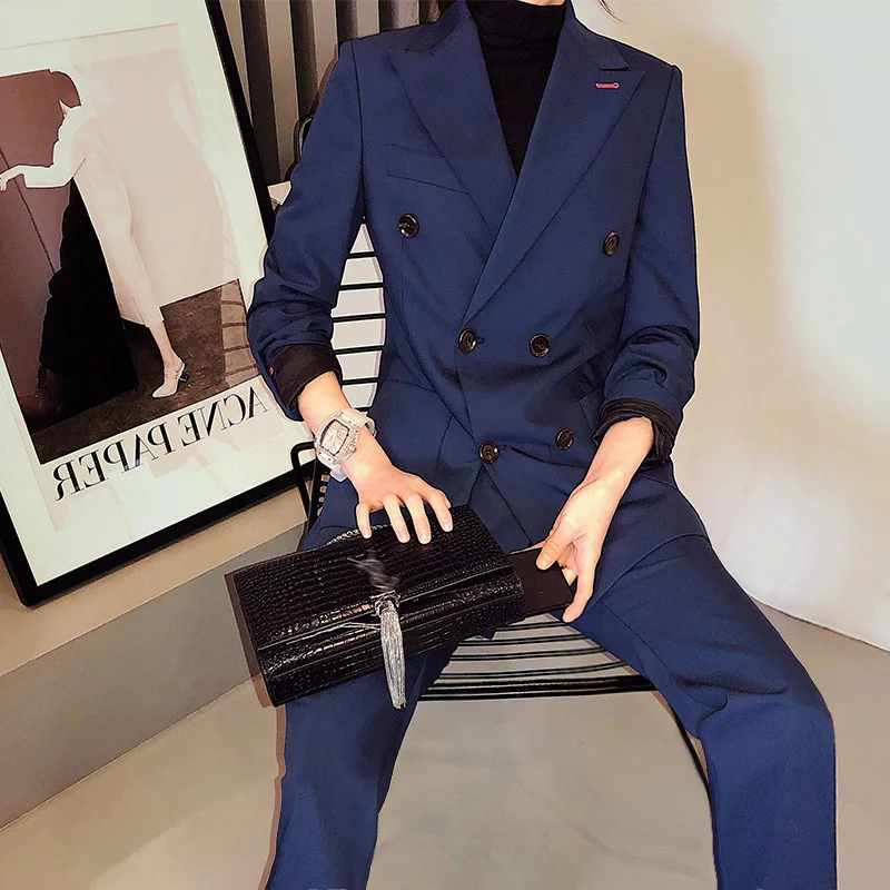 Классический двубортный темно-синий женский брючный костюм с зубчатым воротником Блейзер Куртка и прямые брюки офисные женские наборы