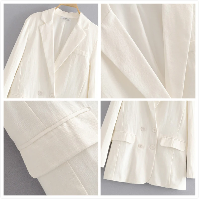 White Women's Pant Suit Double Breasted Notched Office Lady Blazer Jacket & Trouser Female Suits Long Sleeve 2 Piece Set Women