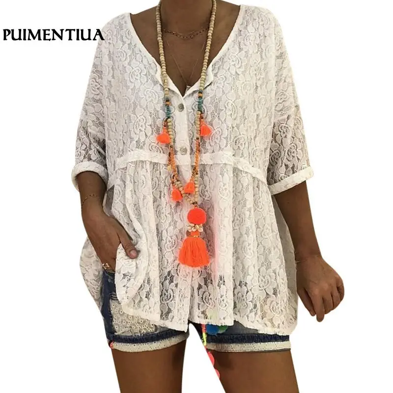 

Puimentiua 5XL Plus Size Women Lace Blouses Sexy Shirts Autumn V-Neck Tunic Blusas Tops Loose Elegant White Blouse Mujer Camisas