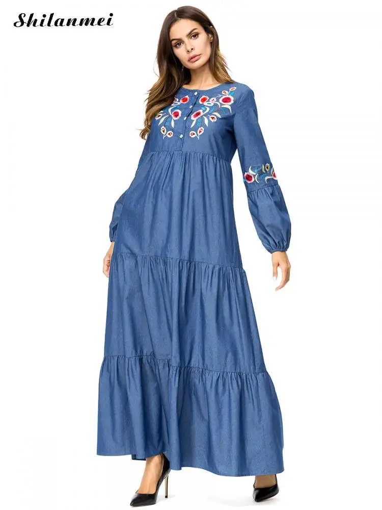 Vintage Women Long Dress 2018 Denim Autumn Winter Long Sleeve Embroidery Dress Plus Size Loose Party Dress Vestidos 3xl 4xl Dresses