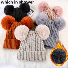 Модные женские туфли двумя фальш-помпон из меха кролика, зимняя шапка, Кепки утолщенной Теплые; больших размеров из бархата двойными помпонами кабель, Вязанные Шапочки