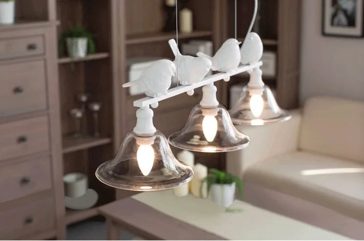 Милые подвесные светильники из смолы с 3 головками для кухни/столовой, подвесные светильники с птицами, светодиодный подвесной светильник из белого железа, подвесное освещение