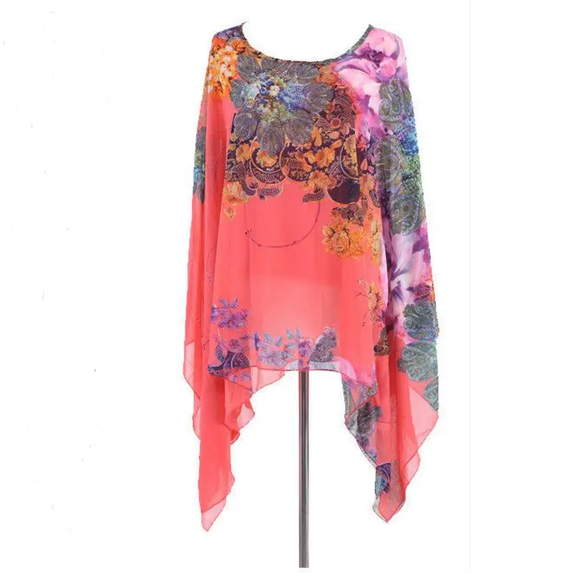 

New Vintage Fashion Flower Floral Print Batwing Sleeve Summer Style Women Beach Party Chiffon Blouses Plus Size Top