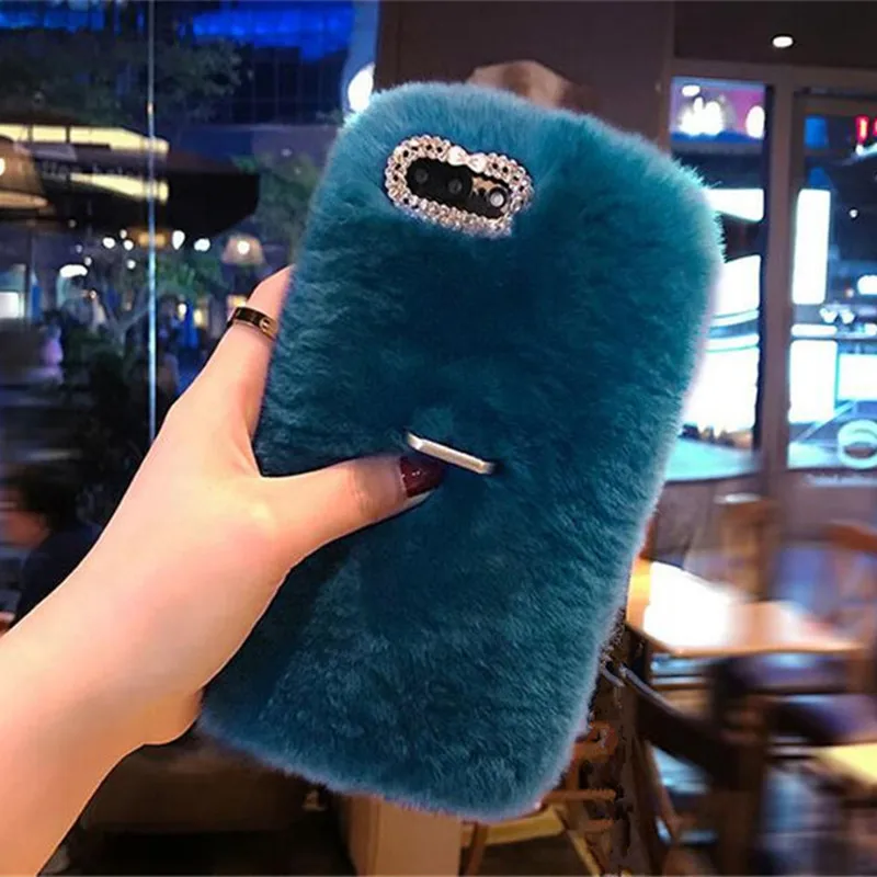 

LaMaDiaa Furry Rabbit Fur Phone Cases For iPhone 6 6s Plus Capa With Ring Holder For iPhone 7 8 Plus 5S SE Xs Max Back Cover