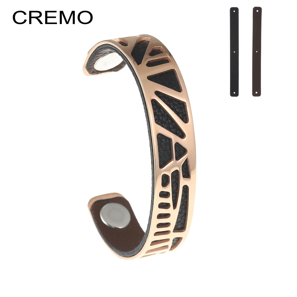 

Cremo Tucano Bracelets & Bangles Women Vintage Hollow Statement Stainless Steel Cuff Bangle Reversible Leather Pulseiras Jewelry