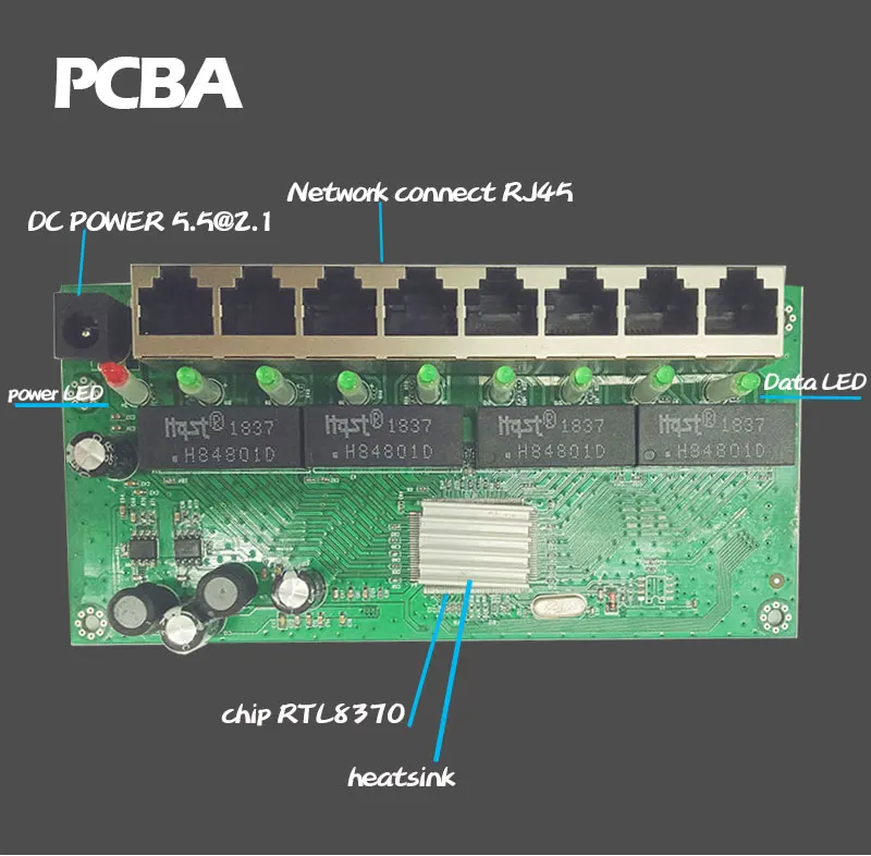 8 Port Gigabit switches product module PL-GS3008DR-K1 transmission 10/100/1000Mbps PCBA UTP with heatsink copper OEM/ODM Factory