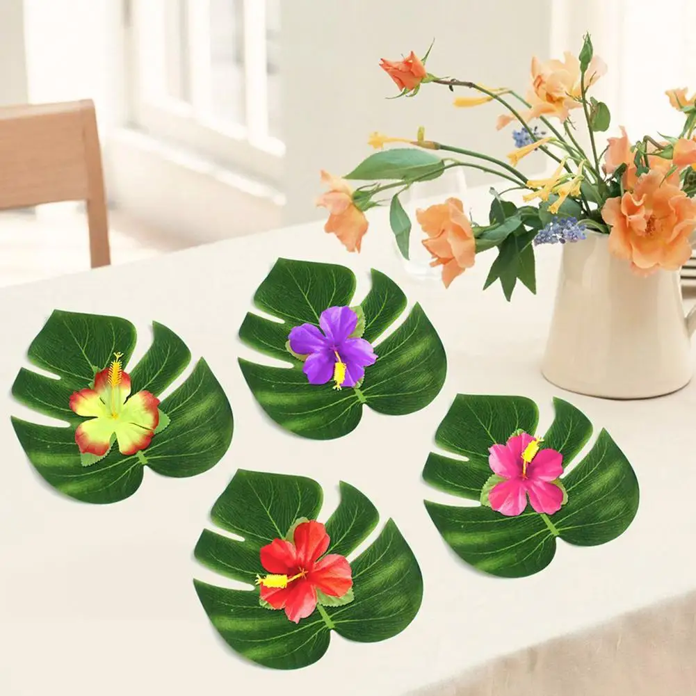 

54 PCS/Set Tropical Palm Turtle Shell Leaves Lifelike Hibiscus Flowers Petals Birthday Party Decoration