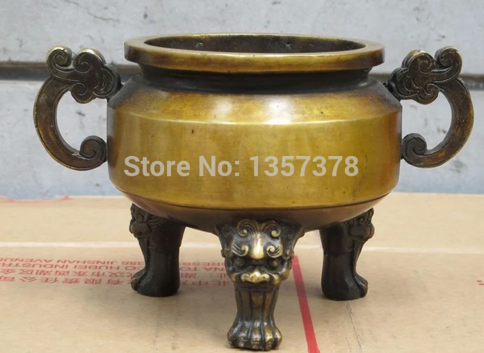 

shitou 00884 8"China bronze gilt sculpture Beast FOO DOG Three-legged Ding dragon JAR censer