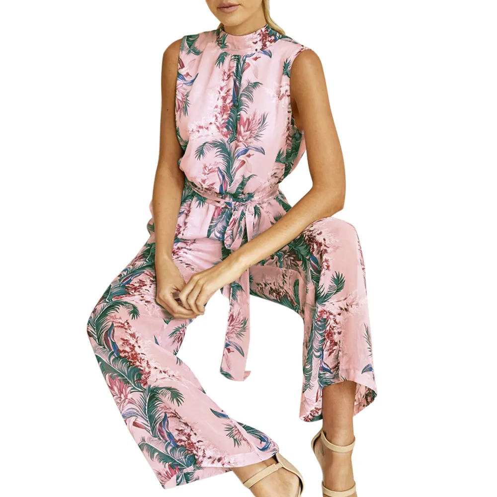 Kaufen Frauen Chiffon Floral Gedruckt Backless Verband Breite Bein Hosen Ärmellose Kleidung