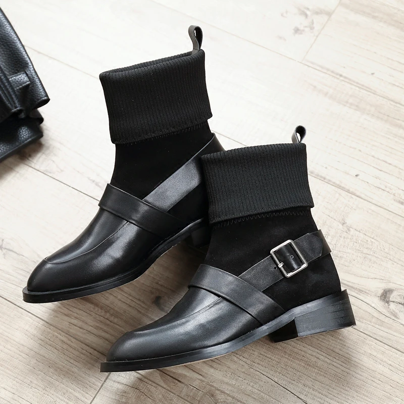 

Leather Brand Runway Super Star Women Boots New Arrival Sock Boots Slip On Short Booties Buckle Design Hot Women Shoes Low Heel