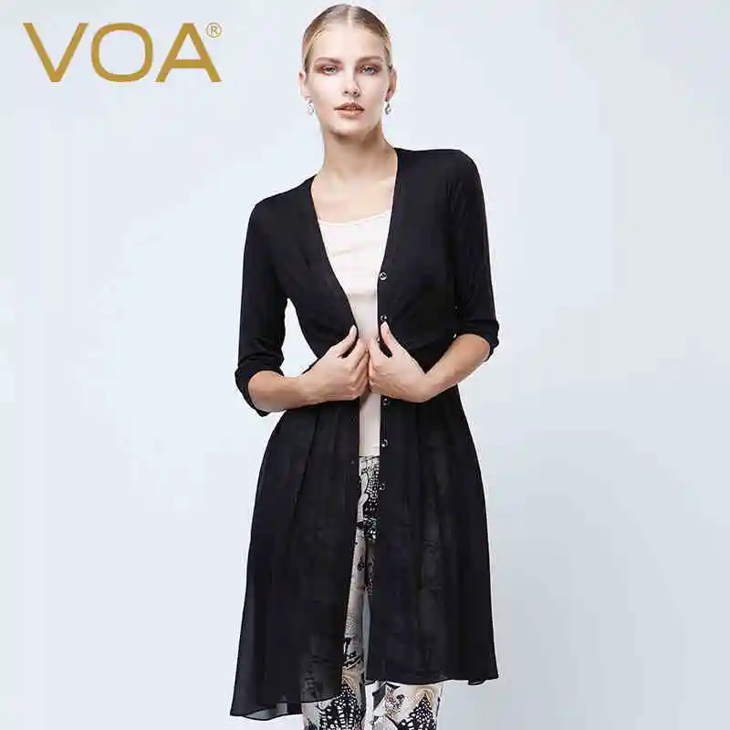 

VOA 2017 Spring And Summer new silk coat women casual short sleeved long shirts chiffon tops B5121