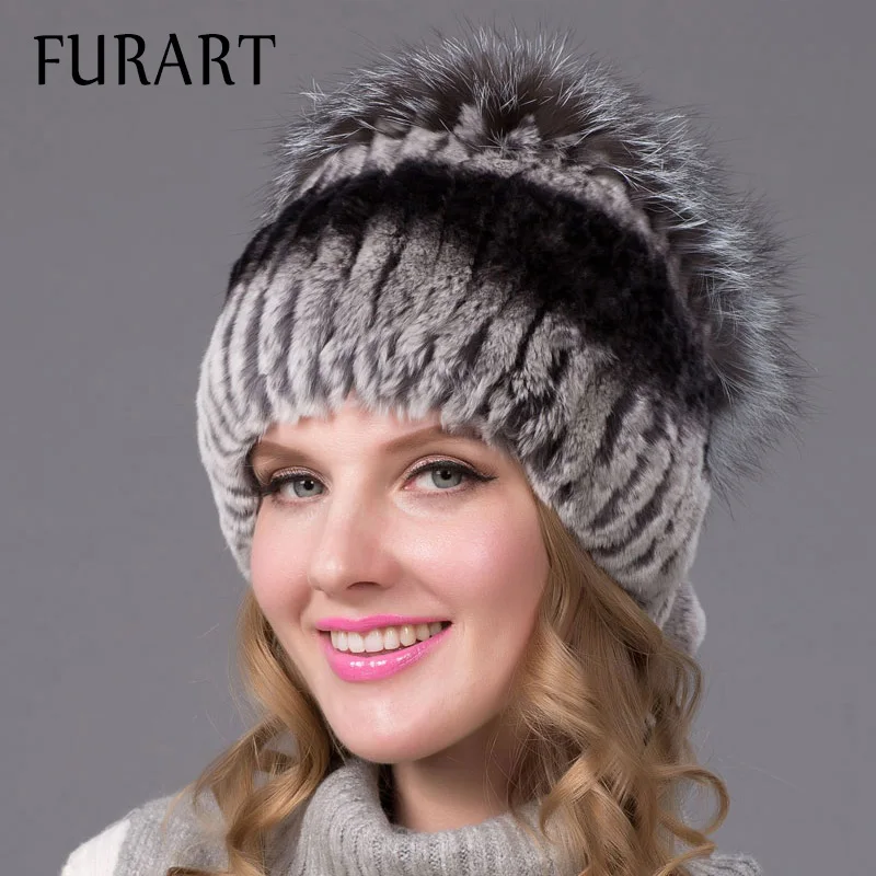 

Winter women rex rabbit fur hat with whole fox fur top 2015 new fashion knit fur hats elasitc good quality women beanies