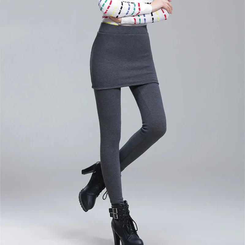 Hinzufügen Fleece Dame Hosen Warm Plus Größe S-4XL Rock + Lange Hosen Frauen Schwarz Winter Leggings