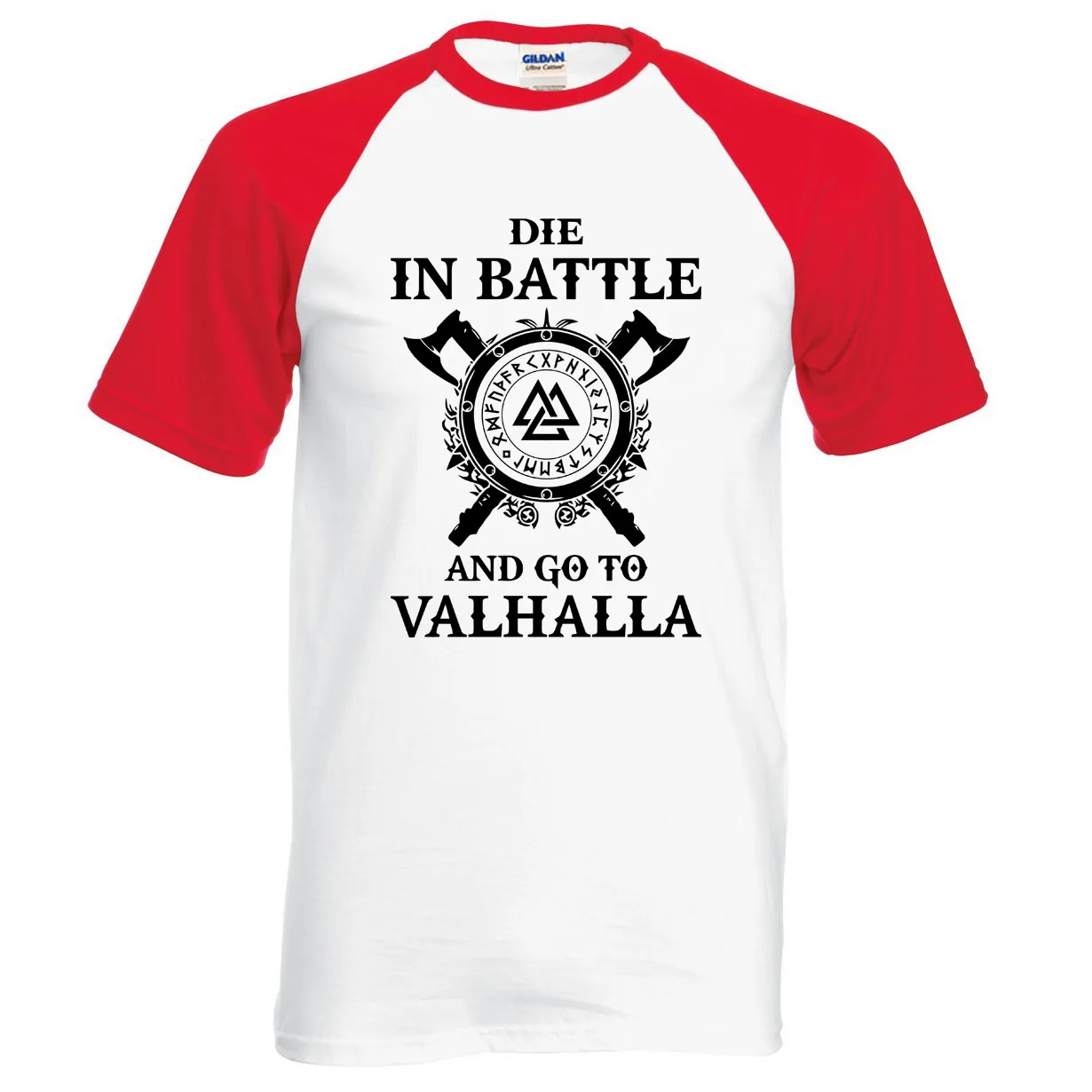 Die In Battle And Go To Valhalla tv Show Viking, мужские футболки, хит лета, реглан викингов, футболка, хлопок, Camisetas Hombre - Цвет: red white1