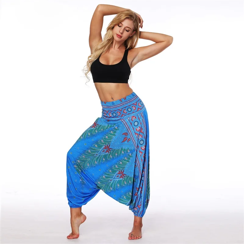 capri dress W-Yunna Ladies Women Beach Pants Trousers Boho Gypsy Hippie Women Wide Leg Harem Peacock Feather Print Elastic Pants Trousers plus size clothing