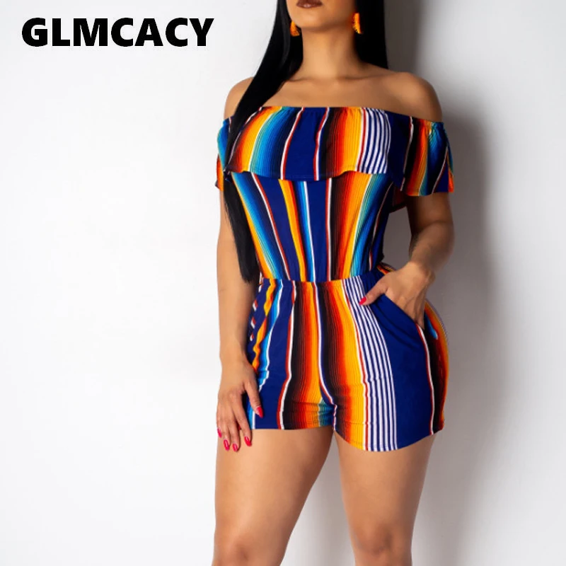 

Plus Size Women Off Shoulder Ruffle Stripe Playsuit Romper Elegant Flare Sleeve Overalls Summer Beach Romper Outfit with Pockets