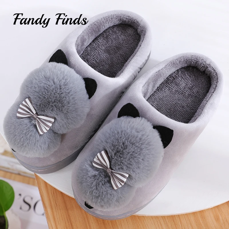 

Fandy Finds Ladies Cartoon Cat Faux Fur Pom Poms Striped Bowknot Non-Slip Flat Soft Sole Winter Grils Home Indoor Slippers