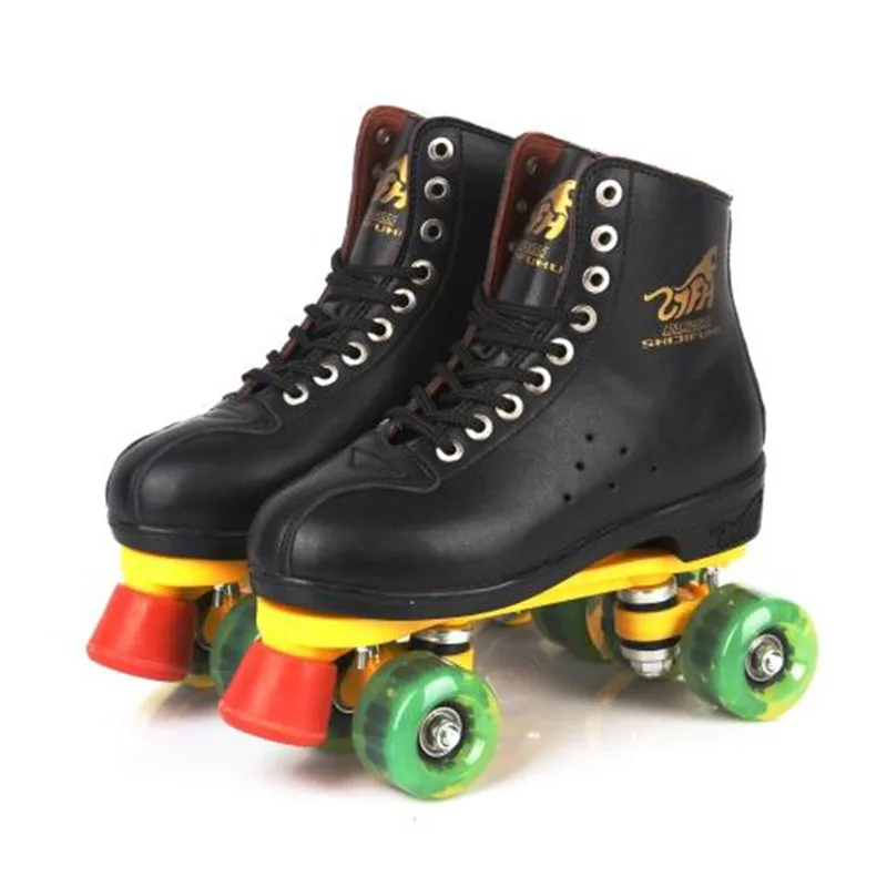 زلاجات دوارة جلد طبيعي أسود مع الأخضر Led الإضاءة عجلات مزدوجة خط Patines الكبار 4 عجلات اثنين خط أحذية التزلج