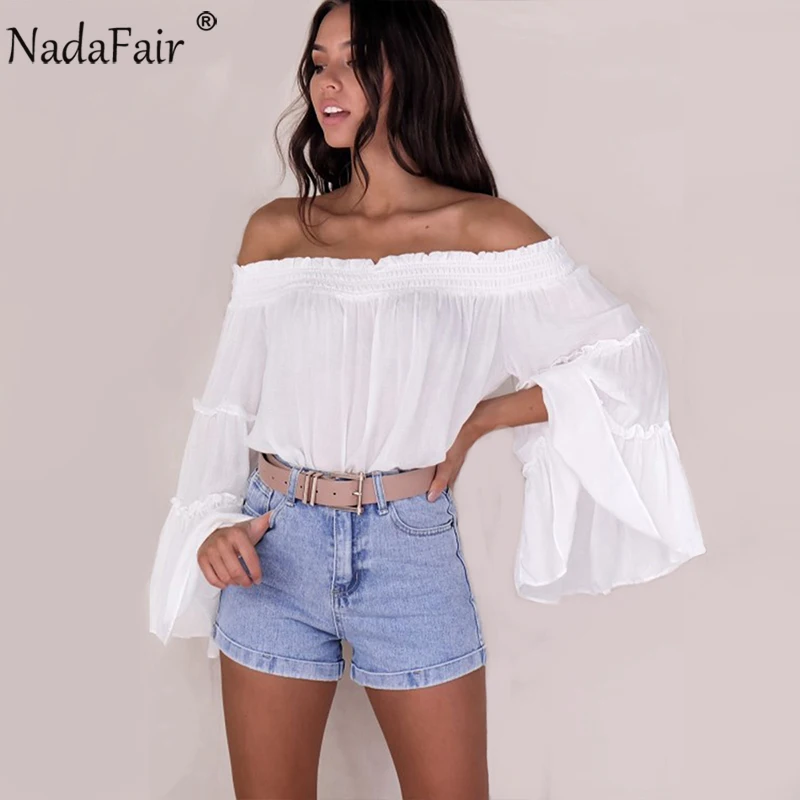 

Nadafair Off Shoulder Slash Neck Loose White Blouse Women Casual Shirt Flare Patchwork Long Sleeve Summer Tops