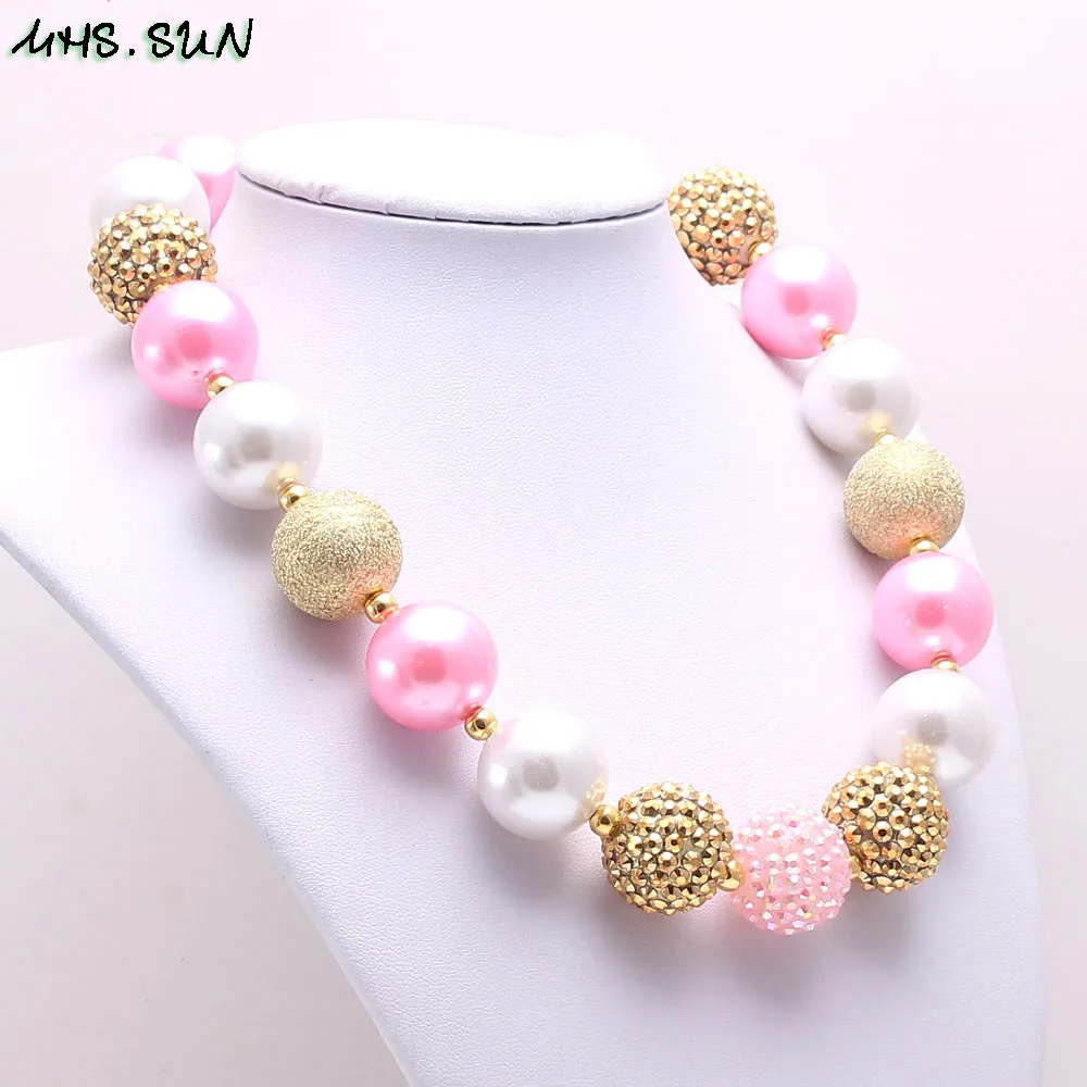 BN591-1 (4),$5.85-1PC.1PC Cute Baby Kids Chunky Beaded Necklace Pink&Gold&White Bubblegum Beads Necklace Handmade Chains Jewelry For ChildrenJPG