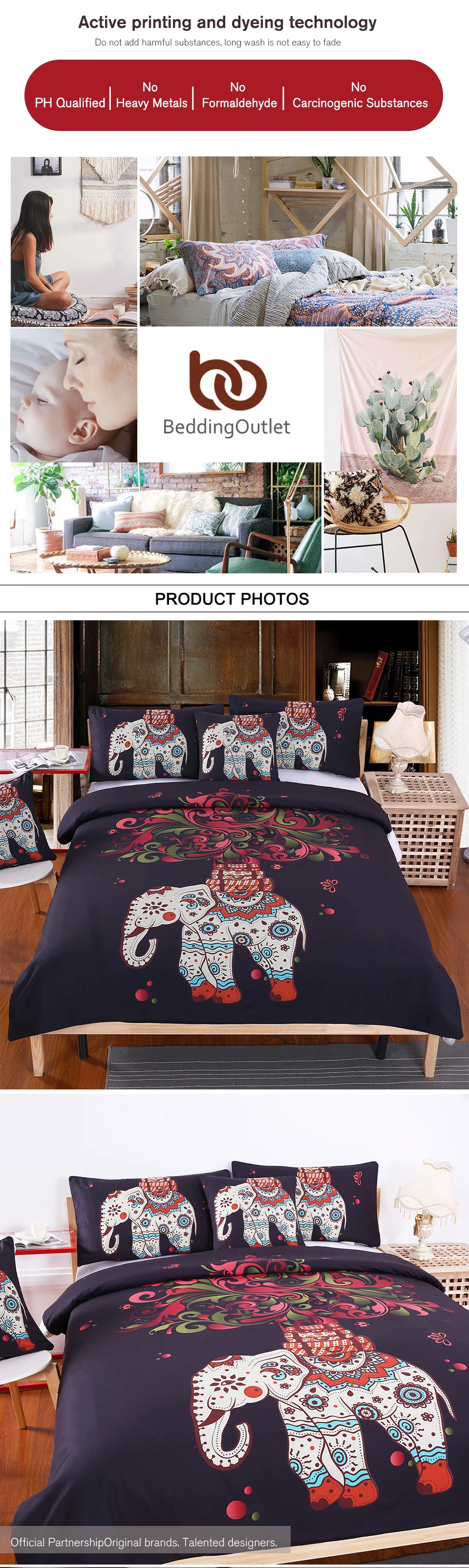 BeddingOutlet Boho Bedding Set Indian Elephant Black Printed Bohemia Duvet Cover Bedspread Twin Full Queen King Bed Set 4Pcs