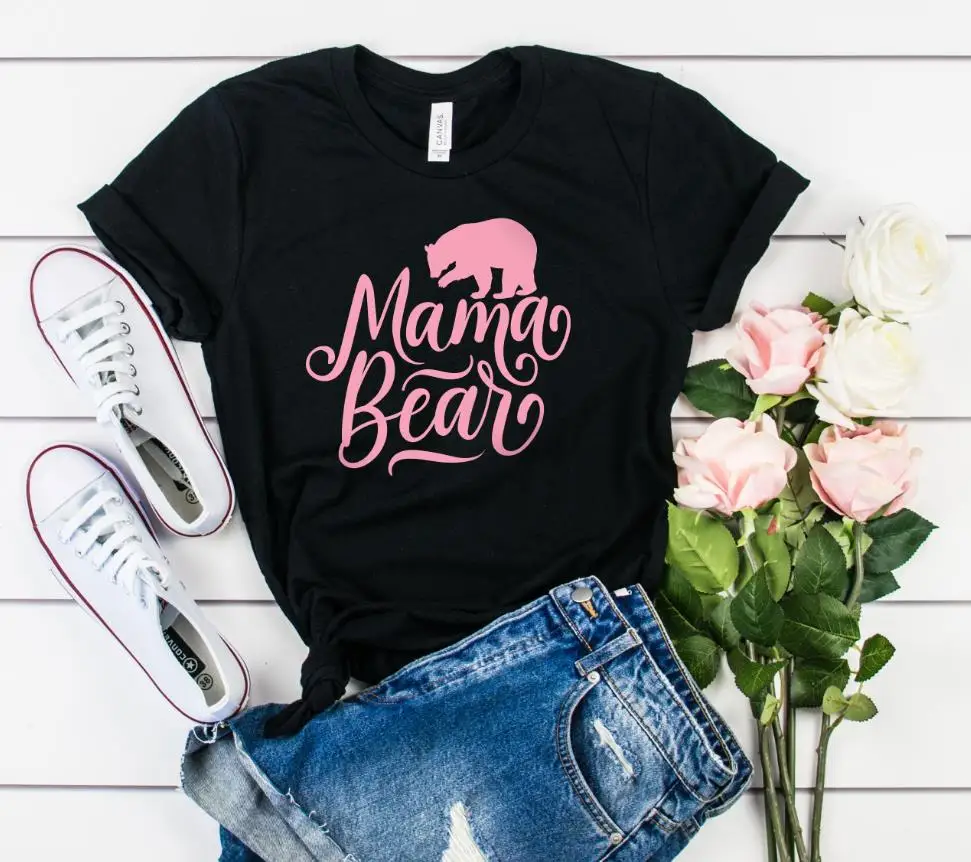 Mama Bear Print Women tshirt Cotton Casual Funny t shirt For Lady Girl Top Tee Hipster Ins NA-102 - Цвет: black-pink print