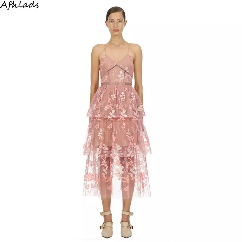 

Self-Portrait Summer runway mesh embroidery vintage spaghetti strap slim fairy floral lace holiday party long vestidos dress