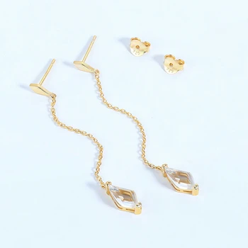 

LAMOON Drop Earring For Women Concise Style Rhombus Natural White Crystal 925 Sterling Silver Long Earring Fine Jewelry EI082