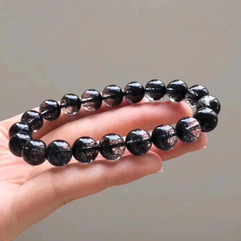 

Top Quality Natural Black Rutilated Quartz Crystal Women Men 9.5mm Clear Round Beads Wealthy Stone Bracelet From Brazil AAAAA