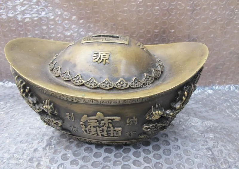 

China Vintage Bronze handwork carve Dragon God of wealth Ingot statue