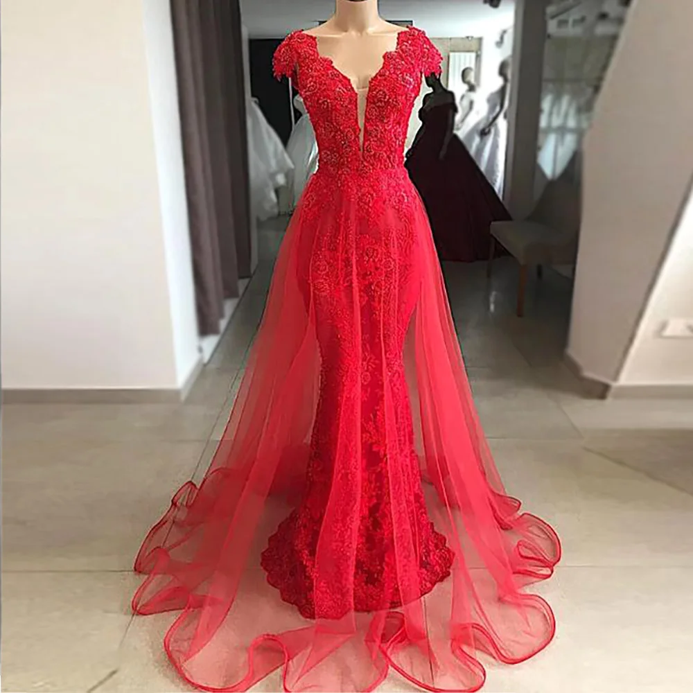

2019 Two Pieces Removable Detachable Prom Dresses Cap Sleeve Plunging Neckline Embroidery Lace With Stones Bridal Evening Gowns