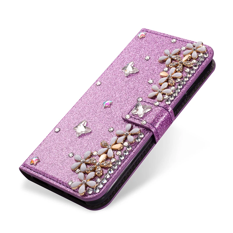 Purple Блеск 3D алмаз Lucky чехлы с цветами для samsung S10 S9 S8 Plus Note 9 8 кожаный чехол-книжка с отделениями для карт чехол для S7 край S10e A6 A8 J4 J6 - Цвет: Purple