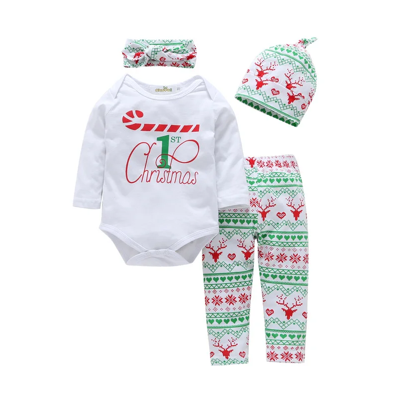 

Christmas Newborn Infant Baby Girl Boy Clothes Set Tops Pants Bodysuit Outfits Headband Hat 4pcs Cute Baby Girls Clothing