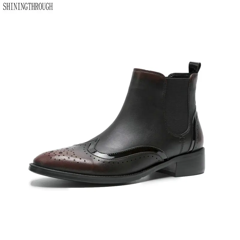 

Chelsea Ankle Boots Women Genuine Leather Shoes Winter Autumn Black low Heels Round Toe Brogue Ladies Boots 2019
