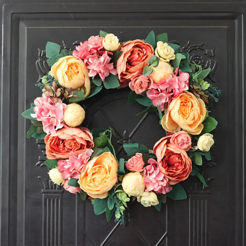 

40cm Wedding Artificial Peony Wreath Decorative Rattan Handmade Garland Simulation Silk Cloth Fake Flower Home Door Wall Decor