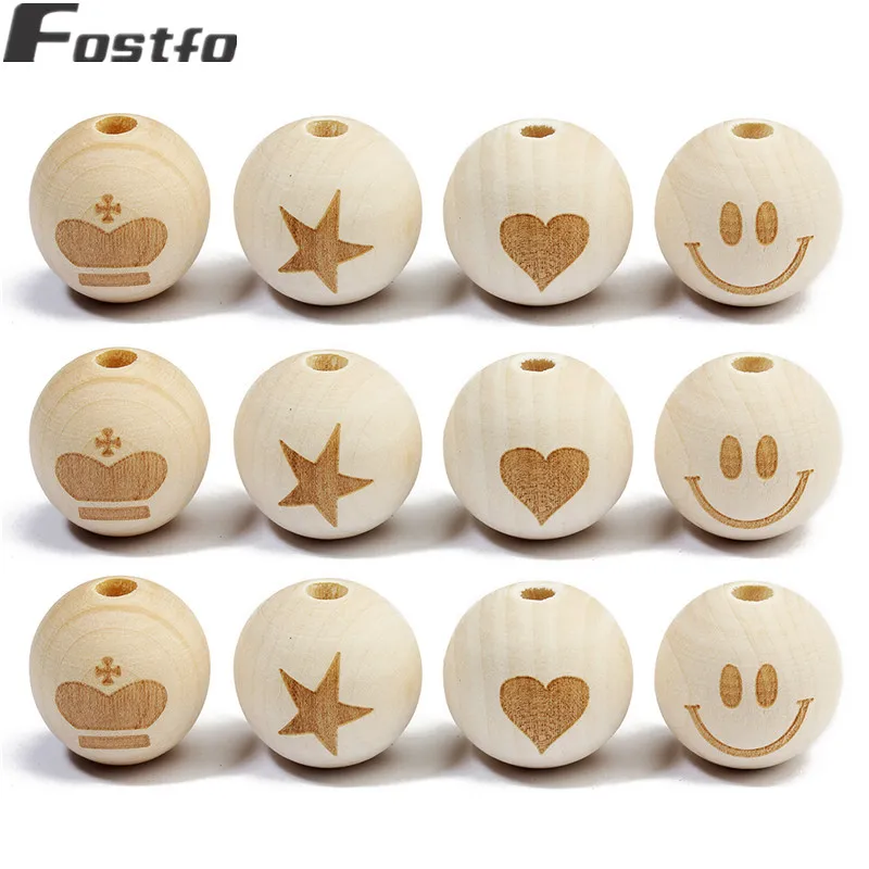 

20pc/lot 20mm Round Natural Wood Beads Smiley Face/Heart/Crown/Star Pattern Child Teething Wooden Beads For DIY Jewelry Making