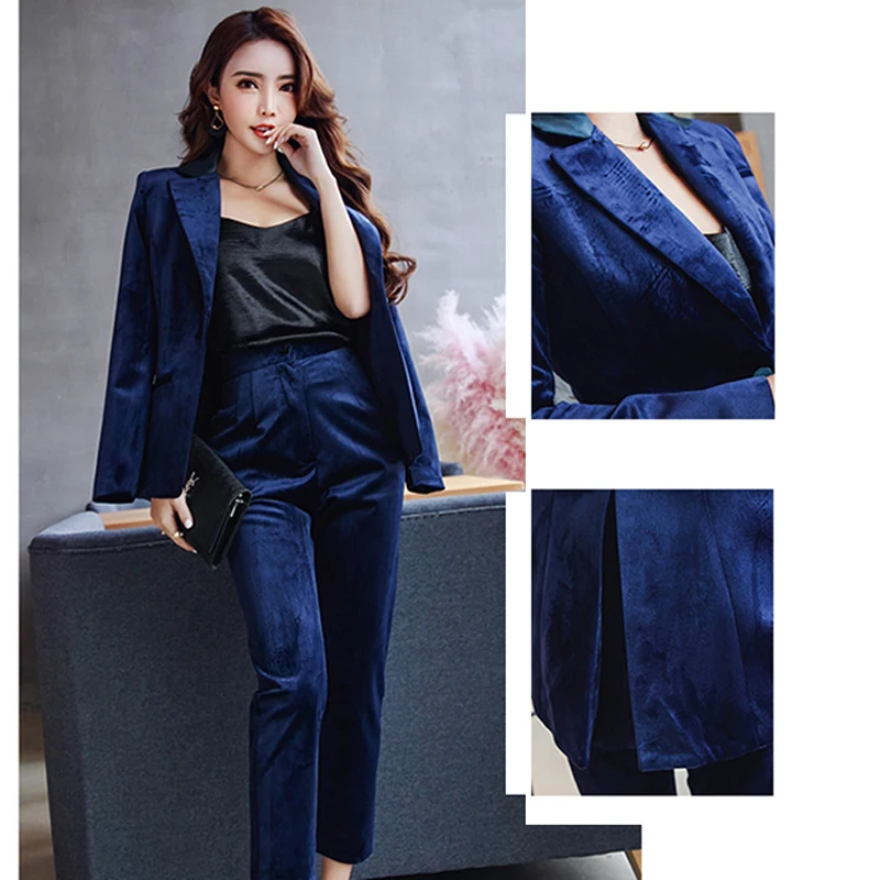 RG Formal Business Fashion Suit Female Trouser Set Blue Velvet Fabric Office Uniform Ankle-Length Pants Pantsuit Suit Set Women
