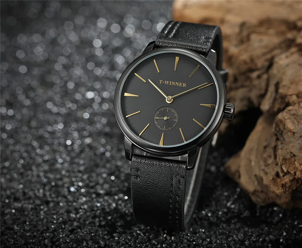 T-Winner, модный бренд, мужские механические часы, ремешок из натуральной кожи, роскошные деловые мужские часы, черный чехол, Relogio Masculino