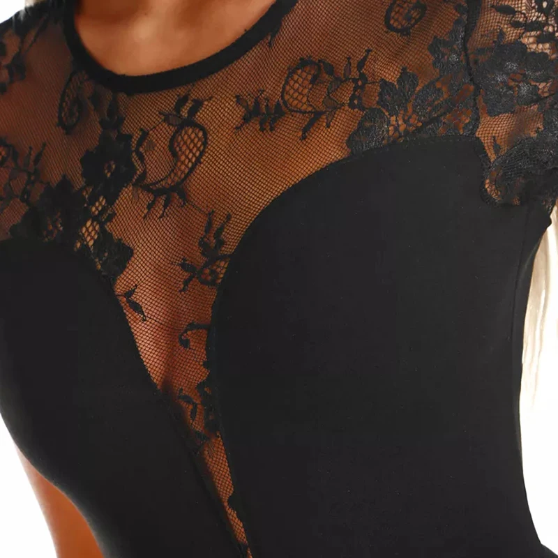 LIVA GIRL черный сексуальный прозрачный кружевной боди для женщин с круглым вырезом и коротким рукавом клубный комбинезон в обтяжку комбинезон одежда для тела Топы