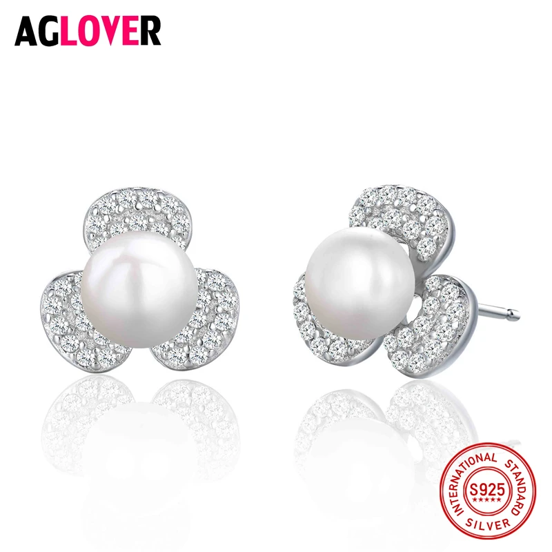 

Leaf Clover 925 Sterling Silver Stud Earrings For Women Wedding Jewelry Pearl AAA Zircon CZ Earrings
