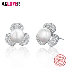 Leaf Clover 925 Sterling Silver Stud Earrings For Women Wedding Jewelry Pearl AAA Zircon CZ Earrings Leaf Clover 925 Sterling Silver Stud Earrings For Women Wedding Jewelry Pearl AAA Zircon CZ Earrings