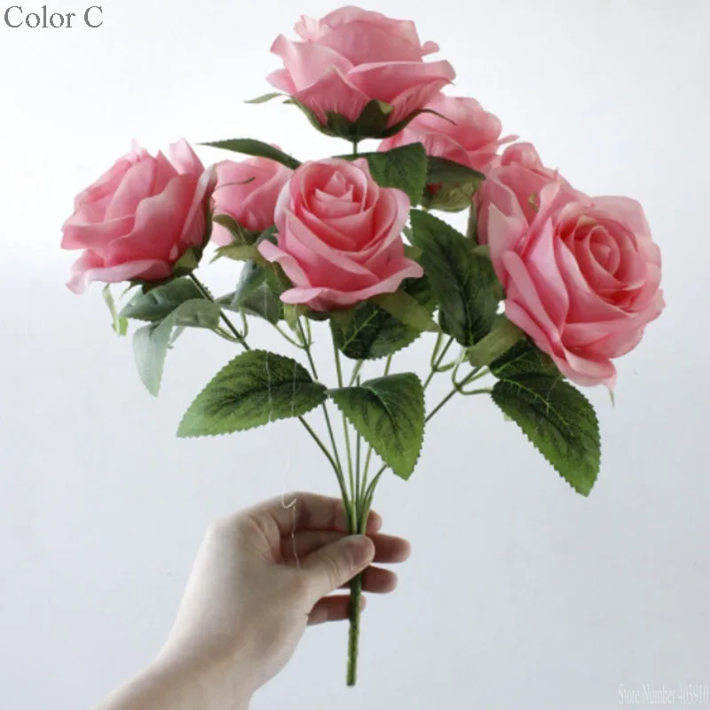 Высокое качество, 7 голов, шелковая Красивая красочная роза с яркими листьями, набор для домашнего стола, офиса, отеля, украшение для свадебных цветов - Цвет: C