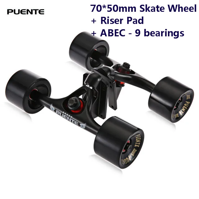 Kopen Puente 2 stks set Skateboard Truck Met 70*50mm Skate Wiel + Riser Pad + ABEC 9 lagers installeren Tool voor Skateboard