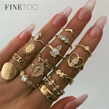 

Fashion Women Rings Heart Hands Virgin Mary Cross Leaf Hollow Geometric Crystal Rings Set for Women Mixed Knuckle Ring
