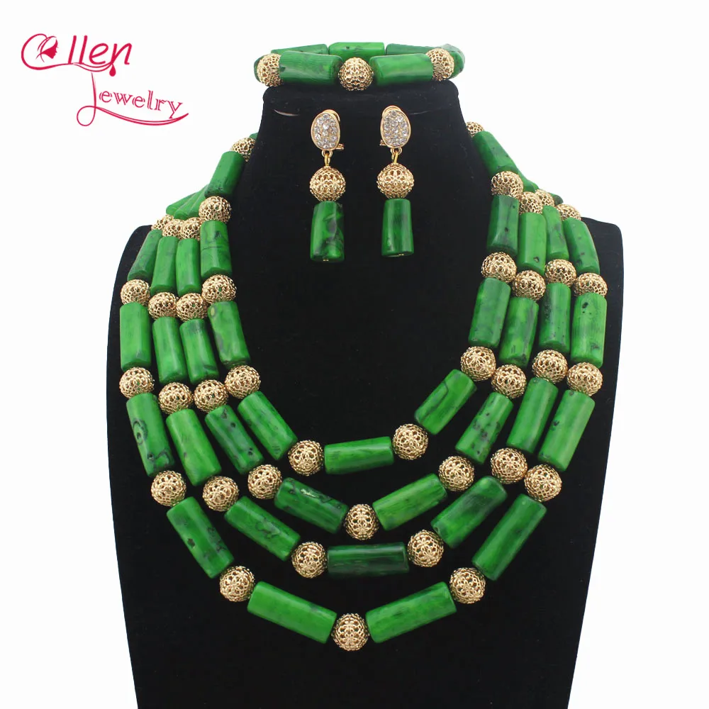 

Fashion Natural Green Coral beaded Necklace Sets nigerian Wedding African beads Jewelry Sets Free ShipW13914