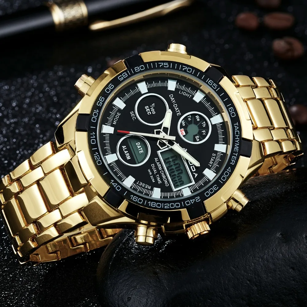 Amuda Mens Sport Watch Led Gold Big Face Quartz Watch Men Waterproof Wrist Watch Male Watches