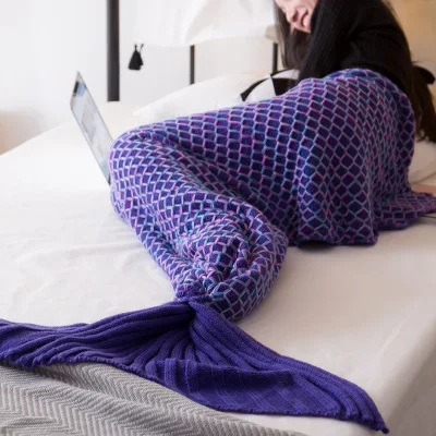 Одеяло с хвостом русалки; Ночная одежда; спальные мешки; шерстяное вязаное пляжное одеяло; ночное летнее одеяло; Новинка года; LZ921 - Цвет: blue 170CM adult