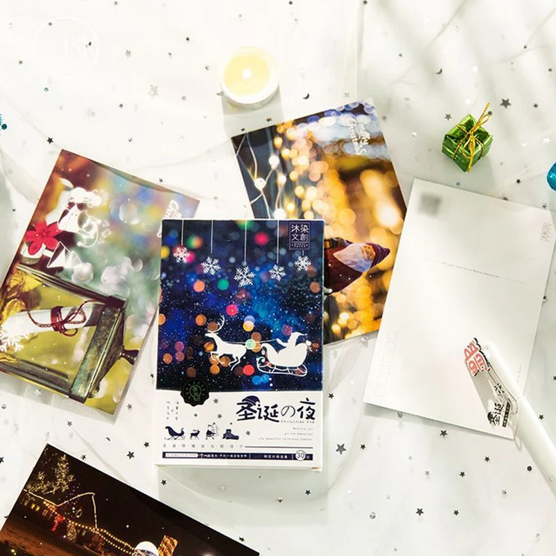 

30 pcs/lot Beautiful Christmas night Luminous postcard landscape greeting card christmas card birthday card message gift cards